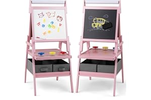 ‎COSTWAY COSTWAY 3-in-1 Tafel Kinder, doppelseitige Kindertafel mit Papierrolle & magnetischer Kreidetafel & Whiteboard, inkl. 3 Farbbechern & 2 Boxen, Staffelei für Kinder ab 3 Jahren (Rosa)
