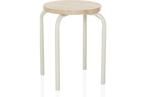 ‎HJH LIVING hjh LIVING Hocker mit Metallbeinen und Holz Sitzfläche ALRANDA Stapelbarer Sitzhocker im Skandi-Look rund, Robustes Stahlgestell, Weiß/Eiche