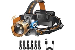 LEKIA Linterna Frontal Alta Potencia, LED Camping Linterna Cabeza Recargable 100000LM con Sensor de Movimiento, 7 Modos Frontal Pilas 9000mAh con Zoom, IPX67 Ajustable 90°para Camping Running