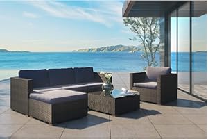 CONCEPT USINE - Ensemble Modulable Salon De Jardin Design Nevala en Résine Tressée 6 Personnes Gris Et Noir - Plateau en Verre Trempé Securit - Coussins Déperlants - Waterproof