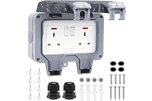 RICOKEY Double Outdoor Socket Waterproof Outside Plug Socket Weatherproof IP66 Wall Electrical Outlet 13Amp 2Gang Storm Switched Power Socket