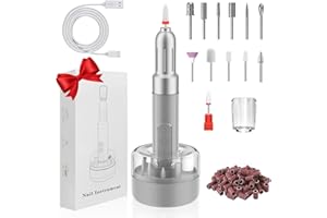 AMLGG Electric Nail Files, Portable Nail Drill E File Kit with Rechargeable Base, 12 Nail Drill Bits, 6 Adjustable Speeds for Acrylic Gel Nails, Professional Nail Drill Gifts for Women Mum (Light Gray)