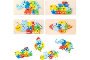 KAYSENSUK 4 Pack Wooden Puzzles Dinosaur Animals Jigsaws puzzle Toys, Jigsaw Puzzle for Toddlers for Kids 3 Year Old Shape Number Puzzle Toddler Crafts Gifts Educational Games for Girls Boys Children