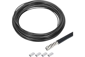 QUARKZMAN 30M x 4mm (98Ft x 5/32") Fune Metallico Cavo Acciaio Inossidabile 304, Tenditore Tirante con 6pz Manicotti Alluminio per Appendere Stendibiancheria Sollevamento, Nero