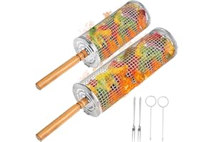 KITDAHOM Lot de 2 Paniers à Barbecue Emboîtables - Acier Inoxydable 304 avec Poignée en Bois Amovible - Pour Légumes et Viandes - Accessoire pour Barbecue/Camping/Grill à Gaz
