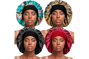 TSKNOMO 4 Stück seidige Schlafhaube für lockiges Haar, große Damen-Haarhauben, Satin-Schlafmütze, Nachtmütze für die Haarpflege von Frauen