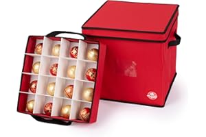 Christmas Village 64 Bauble Storage Bag with Adjustable Dividers, Removable Lid – 600D Fabric Premium Bag for Xmas Tree Decors Organisers, Festive Ball Holder & Carry Handles (Red, w/Pull Out Trays)