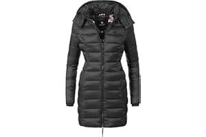 MARIKOO Damen langer Wintermantel warmer Steppmantel mit abnehmbarer Kapuze Abendsternchen XS-6XL