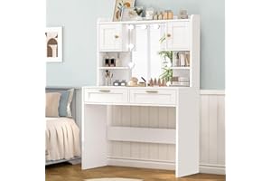 FIONESO Tocador de Maquillaje con HD Espejo y 10 Bombillas, 3 Colores con Brillo Ajustable, Mesa de Tocador con 2 Cajones y 2 Armarios,Compartimentos Abiertos, tocador de Dormitorio, Moderno, Blanco