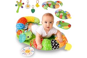 Charmofun Tappeto Gioco Neonato, 4 in 1 Tummy Time Neonato 0-3 Mesi, Caterpillar Cuscino Tummy Time con Specchio e Sonaglino per Supporto Seduto