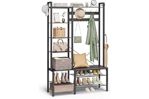 VASAGLE Appendiabiti Ingresso con Panca Scarpiera e 5 Ripiani Portaoggetti, 9 Ganci Attaccapanni e 6 Ganci Laterali, 40 x 120 x 190 cm, Grigio Pietra e Nero Inchiostro HSR426B04