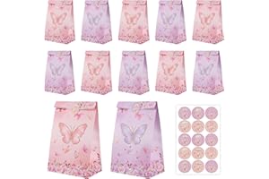 RISF 12 Pièces Sac Cadeau Anniversaire Papillon, Petits Sachet Bonbons Anniversaire, Sacs Cadeaux Coloré, Sac Papier Cadeau avec 15 Autocollants pour Anniversaires,Fêtes, Mariages