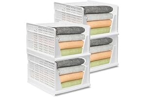BOODPET Wardrobe Storage Organiser, 4PCS Large Stackable Baskets – 43x33.5x25cm, Plastic Storage Bins for Closet, Home, Office, Laundry, Clothes, Toys, Kitchen