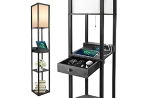 OUTON Lampa stojąca LED z szufladą, 3 temperatury barwowe, timer 1h, lampa stojąca z 2 portami USB, lampy stojące do salonu, sypialni, biura (czarna)