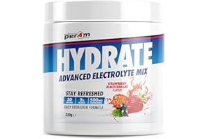 Per4m Hydrate Electrolyte Mix Powder | 500mg Cocomineral to Replenish Essential Electrolytes | Muscle Function, Cardiovascular Health, Neurological Support | 210g (Strawberry Blackcurrant)