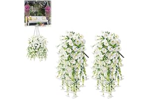 Kouamor 2Pcs Plastic Flowers for Outdoors, 75cm Artificial Hanging Flowers, Faux Hanging Baskets, Artificial Hanging Baskets, No Fade Plastic Flowerss Decoration, for Garden Porch Window (white)