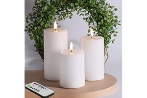 Eywamage White Flat Top Flameless Pillar Candles with Remote, Flickering Real Wax LED Battery Candles Φ 3" H 4" 5" 6"