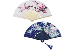 tinshow Set of 2 Handheld Silk Folding Fans, Foldable Chinese Japanese Vintage Bamboo Silk Fan Black and White Imitation Silk Fabric with Hollowed Plastic Handle Elegant Accessory and Home Decor