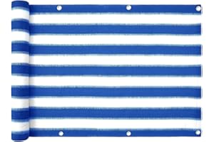 casa pura Balcony Privacy Screen, Windbreak Net Fence, HDPE UV Resistant Balcony Cover Fence Sunshade (Including 12m Fixing Cord) Blue-White Stripe
