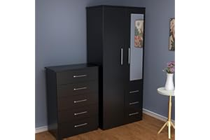 GENERIC Pre-assembled 2-Piece Bedroom Furniture Set, White, 2-Door Mirrored Wardrobe with drawers and 5-Drawer Chest (Black)