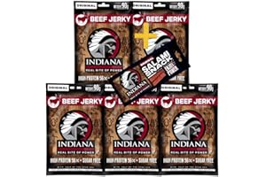 ‎INDIANA JERKY Indiana Beef Jerky Original, Geschenkbox High Protein Trockenfleisch, ohne Zuckerzusatz, Gluten-frei (5 x 90g) + Salami Snack 18g