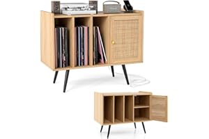 KOMFOTTEU Supporto per Giradischi con Stazione di Ricarica, Mobile Vinili con 3 Ripiani Aperti e Porta in Rattan, Espositore per Dischi con Ripiano Regolabile per Soggiorno, Studio (Naturale)
