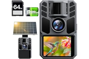 FKPCAM Wildkamera Solar 4K 64MP Eingebaute 5000mAh Lithium-Batterie mit 64GB Speicherkarte, Wildtierkamera mit Nachtsicht, 0.1s Auslöser Bewegungsaktiviert, IP67 Wasserdicht 130° Weitwinkel