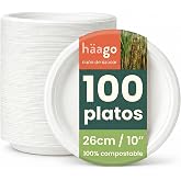HAAGO 100 Compostable Sugarcane Plates, 26 cm / 10 Inches - Resistant, Anti-Grease and Leakproof Cardboard Plates - Biodegrad