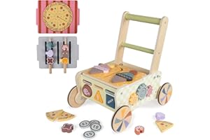 Bautia Wooden Walker for Babies 12 Months, Toddler Push Along Walker Toy for 1 Year Olds Girls Boys Gifts, 8-in-1 Baby Activity Walker with Wooden Play Food Toys 1st Birthday Presents