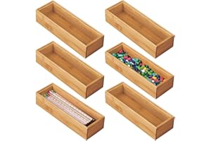 mDesign 6er-Set Aufbewahrungsbox für Schreibtisch und Schublade – rechteckige Schubladenbox aus Bambus – hochwertiger Schreibtisch Organizer für Bürobedarf und Bastelsachen – naturfarben