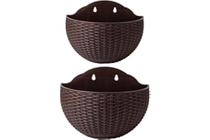 SENCC 2 macetas colgantes de ratán de imitación para colgar en la pared, macetas colgantes de semicírculo para exteriores con agujero de drenaje y ganchos, cesta colgante de jardín de plástico para valla de