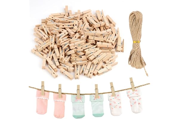 150 stycken minitvättklämmor i trä, klädklämma, 3,5 cm med 10 m juterep, mångsidiga klämmor för att hänga foton, postkarten, kläder, DIY-dekoration, mångsidig användning