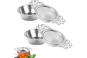 MUSIOOK 2 PCS Unusual Tea Strainers for Loose Tea with Drip Bowls, Loose Leaf Strainer Fine Mesh, Stainless Steel Strainers & Filters, 7cm Mini Sieve for Coffee and Juice with Double Wing Extender