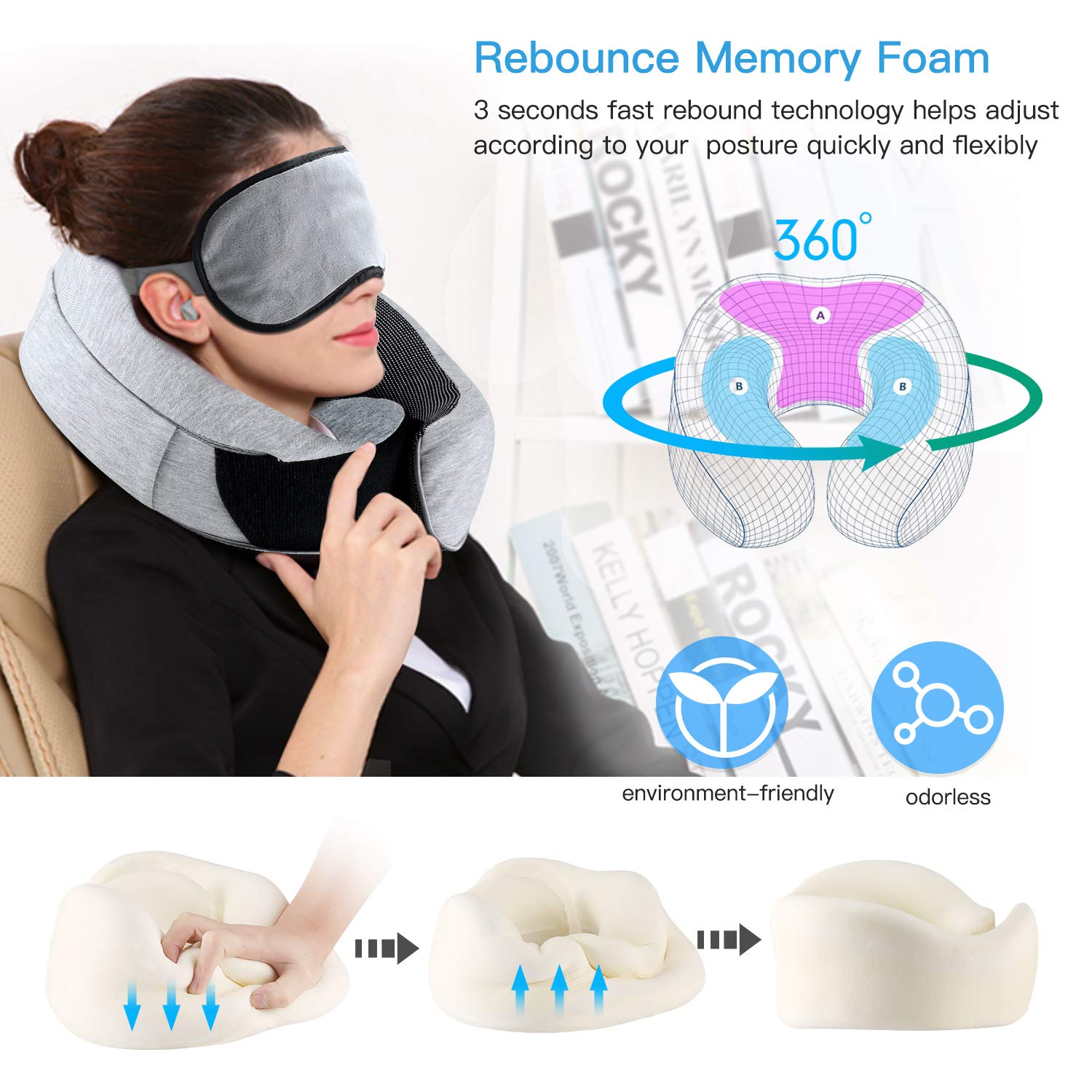 FYLINA-Oreiller-de-Voyage-en-Mousse--mmoire-de-Forme-avec-tui-de-Transport-Masque-pour-Les-Yeux-et-Bouchons-doreille-Confortable-et-Portable-pour-Avion-Train-Voiture-Voyage-Dormir