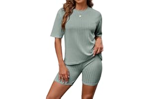 Zetieny Damskie dresy 2-częściowy zestaw z krótkim rękawem i szortami Casual Solid Summer Piżama