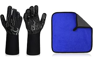 FFDHWU 1 Pair Of Black Oven Gloves, 1 Dishcloth, Non-Slip Silicone Oven Gloves, Heat-Resistant Grilling Gloves, Kitchen Cooking Protective Gloves