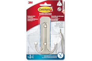 Command Gancho Grande Doble de Color Níquel Satinado para Baño, 1-Gancho, 2 TirasGrande Resistente al Agua - Sin Agujeros - Hasta 1,8 kg
