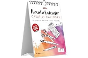 ‎ALPHA EDITION Alpha Edition - Kreativ-Kalender Tischaufsteller hoch weiß 2026 – Bastelkalender 16×20 cm mit schwarzem Papier, deutschem Kalendarium & Spiralbindung, zum Selbstgestalten, Aufhängen & Aufstellen