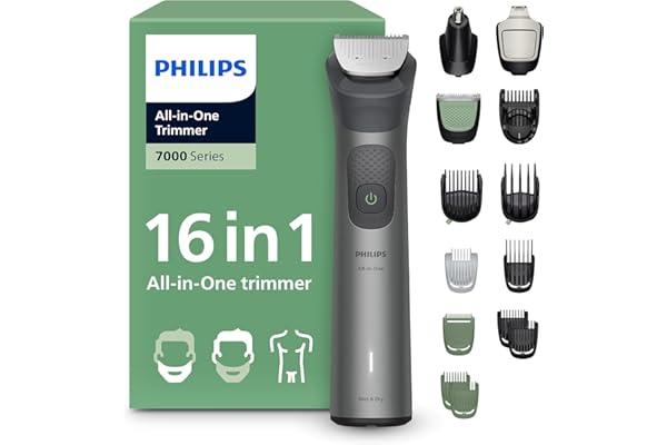 Philips Multigroom série 7000 Tondeuse tout-en-un 16 accessoires – tondeuse pour barbe, cheveux et corps, lames en métal auto-affûtées, 21 hauteurs de coupe (0,5-16 mm), modèle MG7931/15