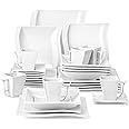 MALACASA Dinner Set, 30-Piece Porcelain Square Plates and Bowls Set with 6-Piece Cups/Saucers/Dessert Plates/Soup Plates/Dinner Plates, Service for 6, Ivory White, Series Flora