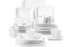 MALACASA Dinner Sets, 30-Piece Plate Set with 6-Piece Dinner Plate/Soup Plate/Dessert Plate/Cup/Saucer, Ivory White Porcelain Dinnerware Set Service for 6, Series Flora