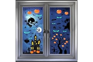 WOTHFAV Adesivi Finestre Halloween, Vetrofanie Finestredi Halloween Adesivi Stickers, 9 Fogli 121 Pezzi DIY Adesivi Murali Rimovibili Festival Vetro, Occhi Luminosi, Zucca Fantasma Casa, Halloween Decorazioni