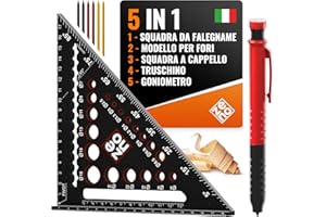 ZENO Squadra da Falegname 180 mm - Squadra Combinata - Utensile da Falegname Tutto-in-uno: Goniometro, Riga, Truschino, Dima di Foratura - Matita da Cantiere Professionale
