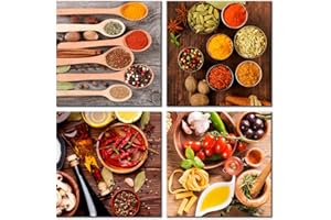 decomonkey - Impression sur Toile Cuisine épices 60x60 4 Pièces - Tableau Décoration Appartement Cadre en Bois Déco Salon Peinture sur Toile Maison Bois aliments coloré cuisine des légumes