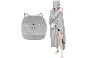 MSISILY Coperta con Maniche, Coperta Indossabile con Cappuccio Donna, Plaid Divano Grigio Gatti Idee Regali Natale Donna