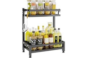 Mointal Estantería para Especias de Pie, Soporte Organizador 2 Niveles para Especias Cocina, Estante para Encimera de Cocina, Esquinero para Especias con 4 Ganchos, Negro