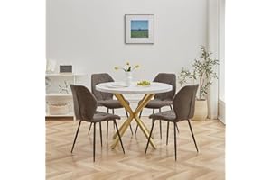 DEYARNA HOME Essgruppe 5-Teilig, 100cm Runder Esstisch und 4 Leinen-Esszimmerstühle, Esstisch und Stühle für 4 Personen, 4 Stühle & Tisch für Küche, Esszimmer und Wohnzimmer (Weiß/Gold+Schwarz)