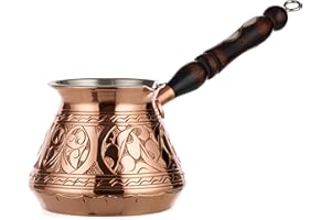 DEMMEX Cafetera turca árabe griega de cobre más gruesa, cafetera para estufa, Cezve Ibrik Briki con mango de madera y cuchara, grabada a mano (cobre, 15 onzas)