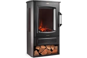 VonHaus Panoramic Stove Heater with Log Storage – 3-Sided Electric Fireplace with LED Flame Effect – 2000W – Freestanding and Portable w/Overheat Protection – 2 Heat Settings