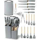 19 Pieces Silicone Kitchen Utensils &ndash; Kitchen Knife Set with 5 Knives, Stand and Box, Heat Resistant Non-Stick (Grey)